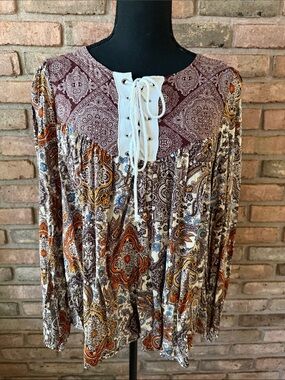 Bohemian Lace-Up Tunic Top in Multi-Color Paisley